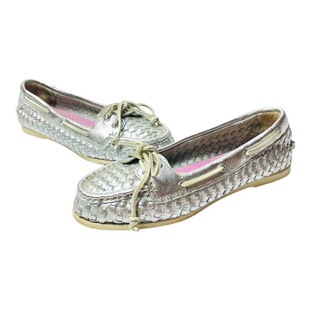 🍀 SPERRY Silver Woven Top-Sider Slip-Ons Women's Sz 6